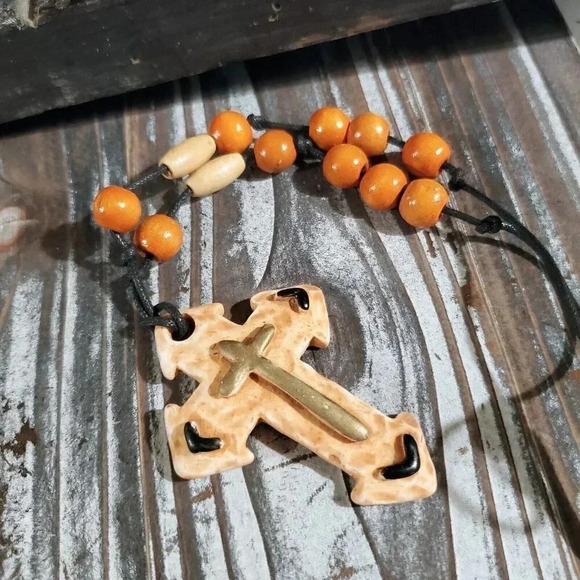 Artisan Christian Cross Unglazed Clay Lt Sienna Multicolor OOAK Pendant Necklace - Picture 1 of 8